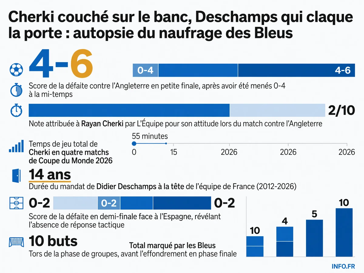 Chiffres clés du naufrage des Bleus au Mondial 2026: défaite 4-6 contre l'Angleterre, note 2/10 pour Cherki, 14 ans de Deschamps à la tête de l'équipe