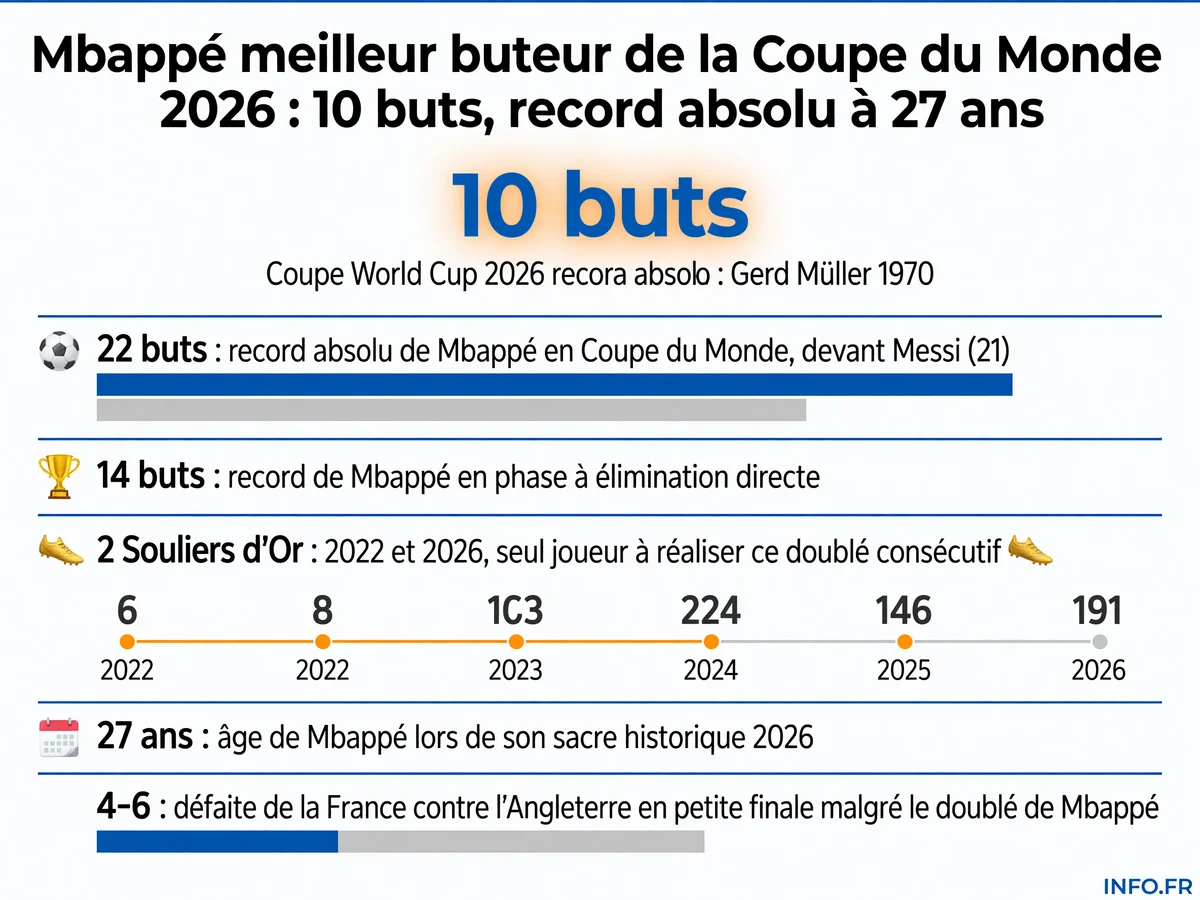 Kylian Mbappé devient le meilleur buteur de l'histoire de la Coupe du Monde avec 22 buts en trois éditions, devançant Lionel Messi et ses 21 réalisations
