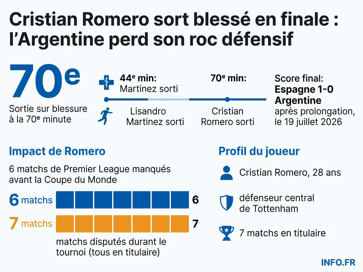 Chronologie de la blessure de Cristian Romero en finale de la Coupe du Monde 2026 et son impact sur la défaite argentine face à l'Espagne.