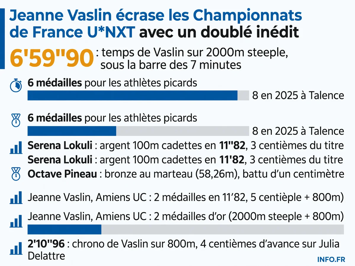 Bilan du doublé de Jeanne Vaslin et des six médailles picardes aux Championnats de France U*NXT 2026 au stade Charléty (16-19 juillet).