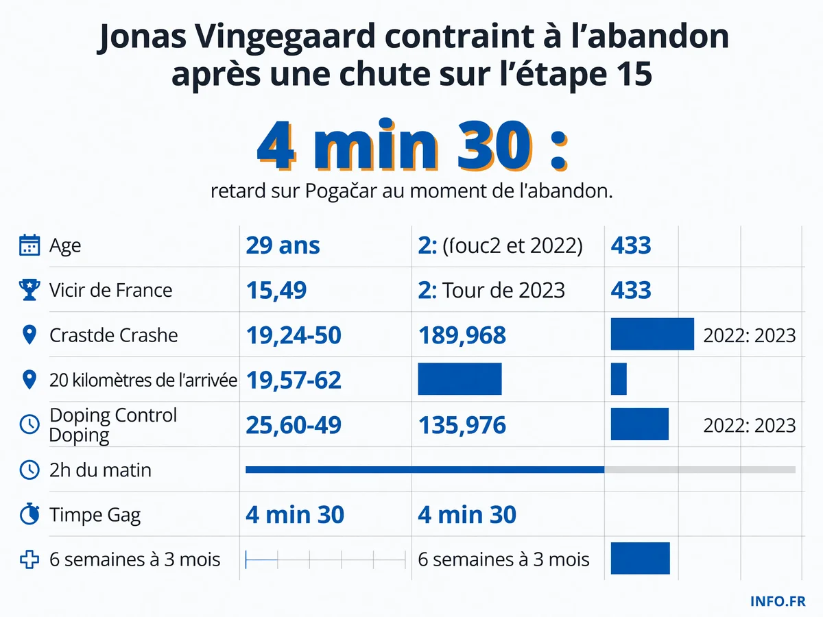 Chronologie de l'abandon de Jonas Vingegaard au Tour de France 2026: de la chute à l'étape 15 jusqu'au diagnostic de fracture de la clavicule et à l'absence prolongée.