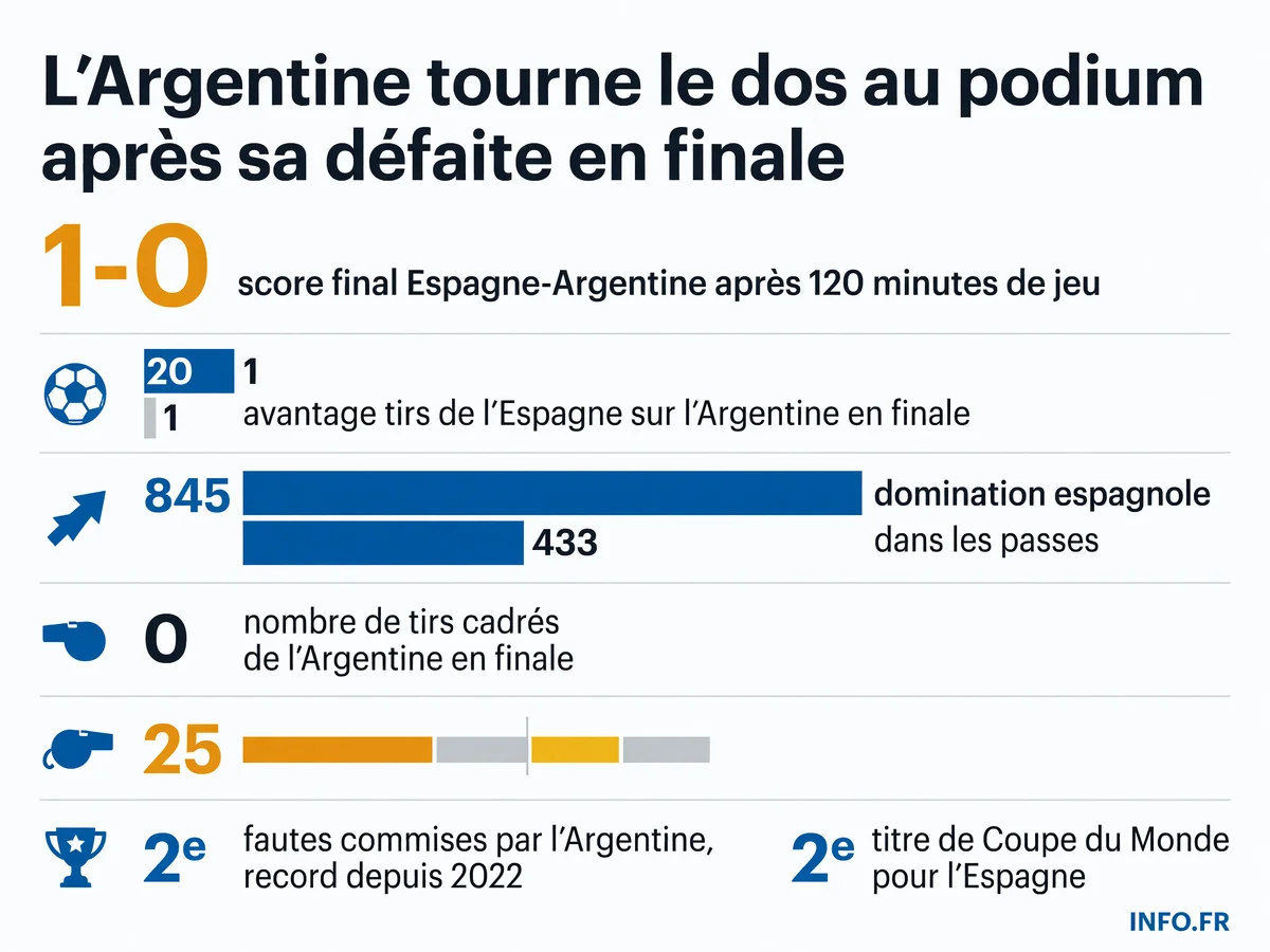 Les statistiques de la finale de la Coupe du Monde 2026 entre l'Espagne et l'Argentine révèlent une domination totale de la Furia Roja et un comportement brutal de l'Albiceleste