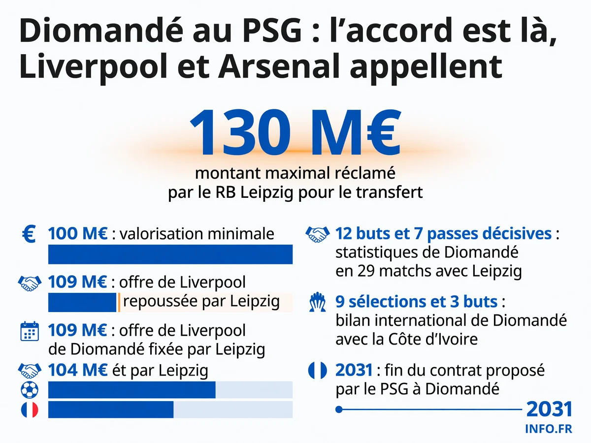 Les chiffres clés du dossier Yan Diomandé au mercato: valorisation de Leipzig, accord personnel PSG, concurrence européenne et statistiques du joueur ivoirien.