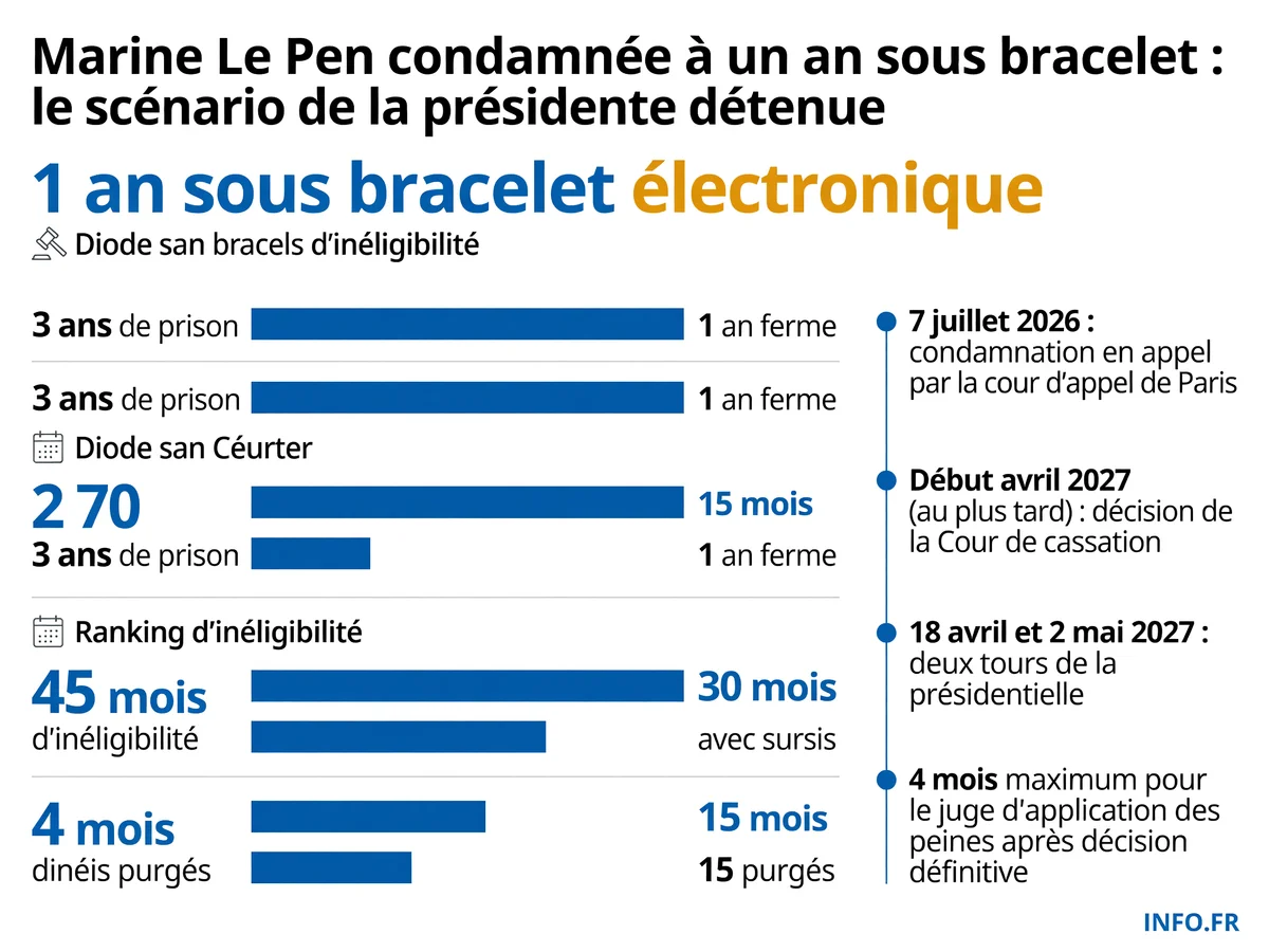 Chronologie judiciaire de Marine Le Pen entre sa condamnation en appel (juillet 2026) et l'élection présidentielle (avril-mai 2027), avec les délais de cassation et d'exécution de la peine.