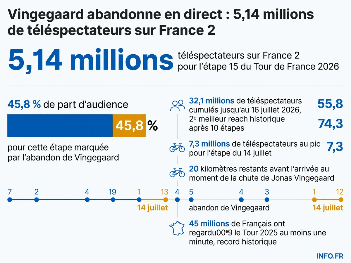 Audiences France 2 lors de l'abandon de Jonas Vingegaard à l'étape 15 du Tour de France 2026 comparées aux pics précédents de l'édition.