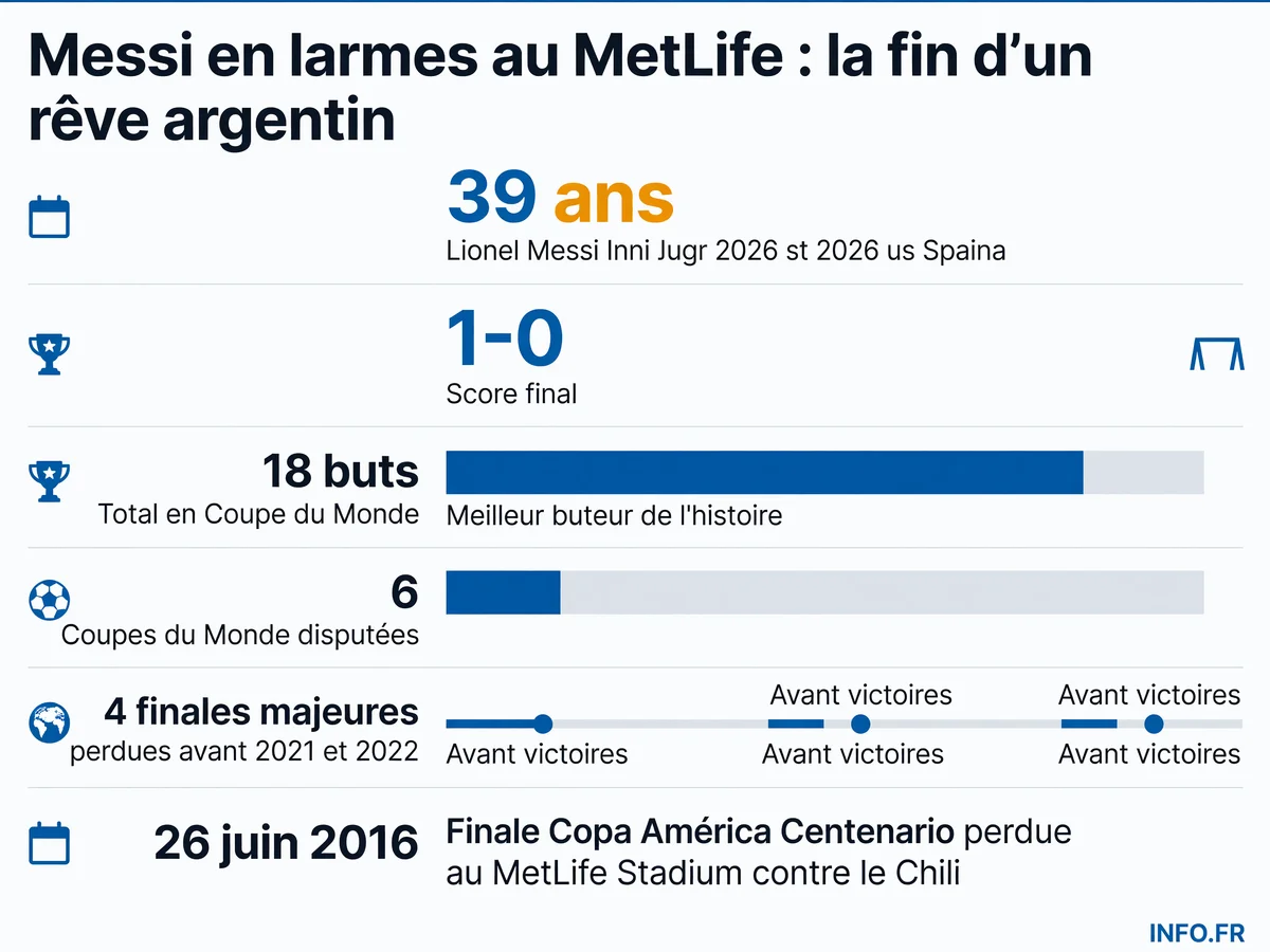 Lionel Messi en larmes après la défaite 1-0 de l'Argentine contre l'Espagne en finale de la Coupe du Monde 2026 au MetLife Stadium, son sixième et dernier Mondial