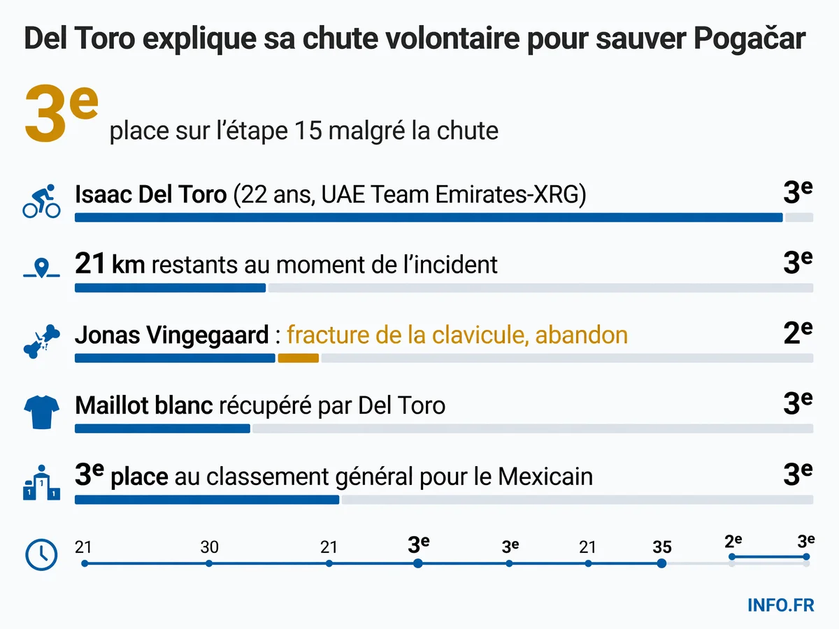 Isaac Del Toro termine troisième de l'étape 15 du Tour de France 2026 après une chute volontaire pour protéger son leader Tadej Pogačar.