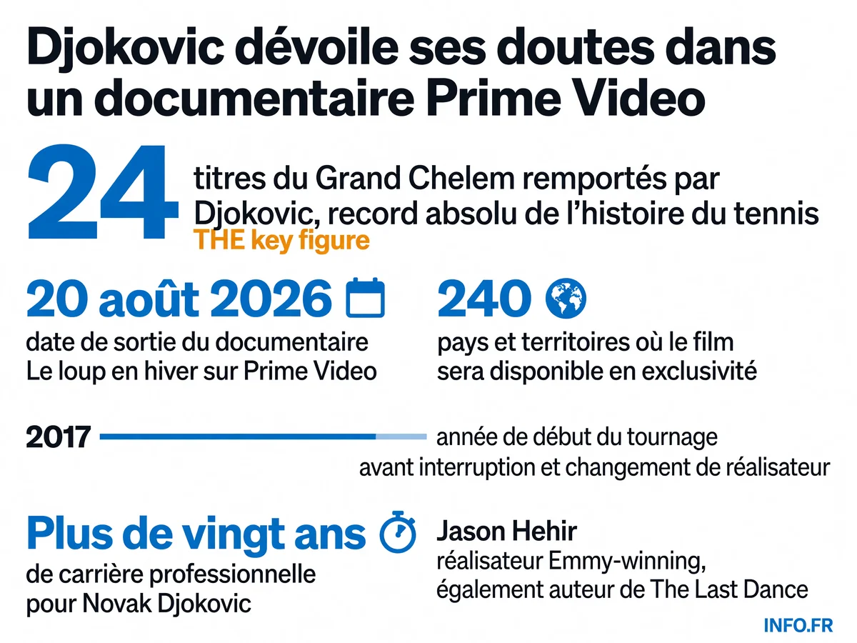 Infographie du documentaire Prime Video sur Novak Djokovic: 24 Grand Chelem, sortie le 20 août 2026, réalisé par Jason Hehir