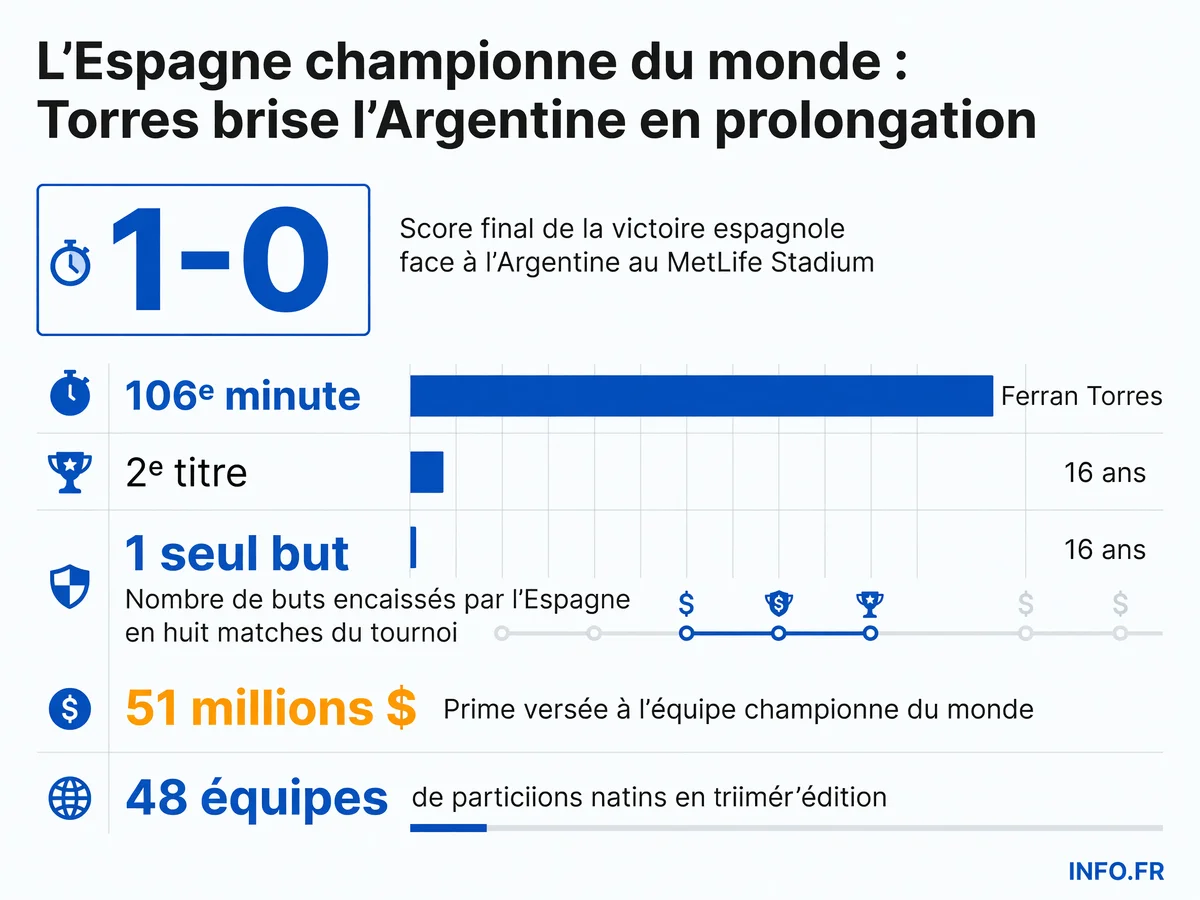 Infographie récapitulative de la victoire de l'Espagne en finale de la Coupe du Monde 2026 face à l'Argentine, avec les statistiques clés du match et du tournoi