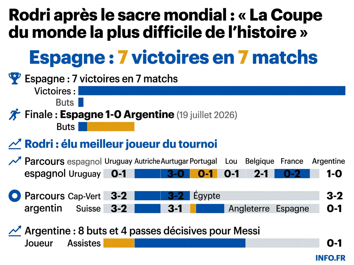 Infographie récapitulant le parcours de l'Espagne et de l'Argentine lors de la Coupe du monde 2026, avec le sacre espagnol en finale.