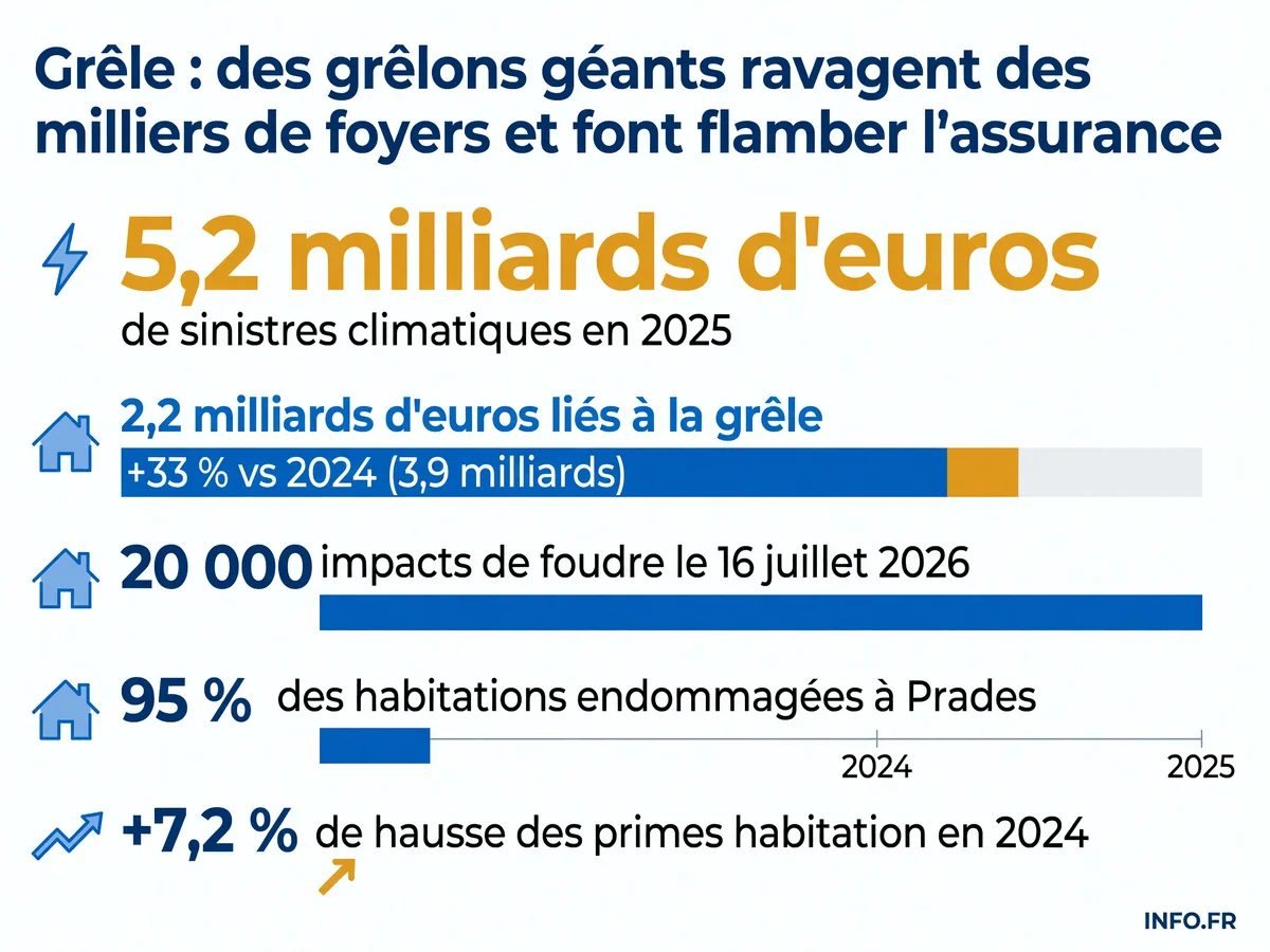 Infographie sur l'explosion des sinistres climatiques liés à la grêle en France: 5,2 milliards d'euros en 2025, +33 % en un an, et +7,2 % de hausse des primes d'assurance habitation.