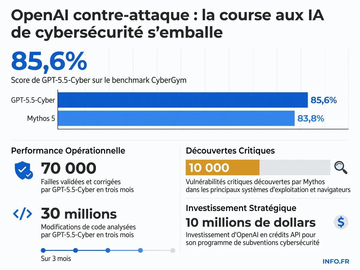 Comparaison des performances des modèles d'IA de cybersécurité GPT-5.5-Cyber d'OpenAI et Mythos 5 d'Anthropic sur les benchmarks CyberGym et capacités de détection de vulnérabilités en 2026