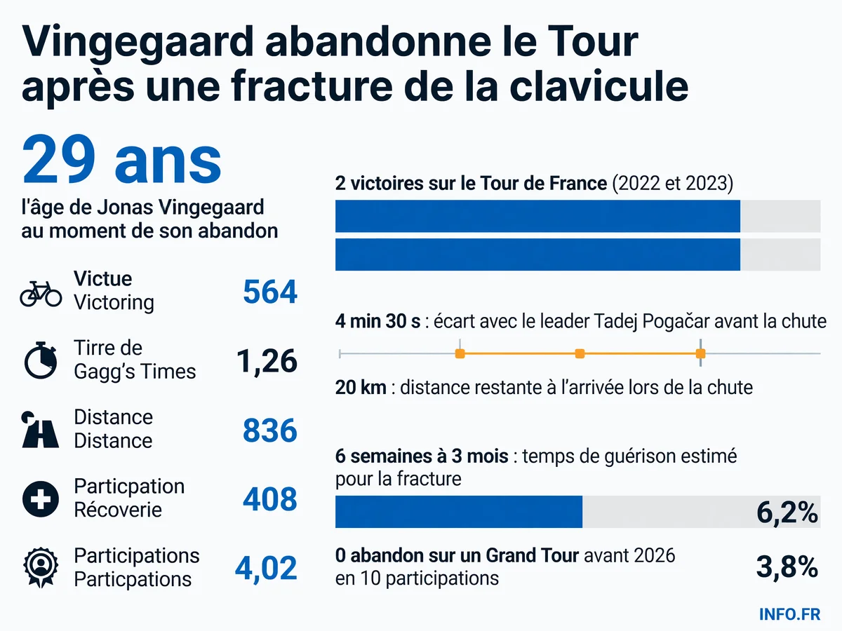 Infographie détaillant les chiffres clés de l'abandon de Jonas Vingegaard sur le Tour de France 2026 suite à sa chute lors de l'étape 15 en Haute-Savoie.