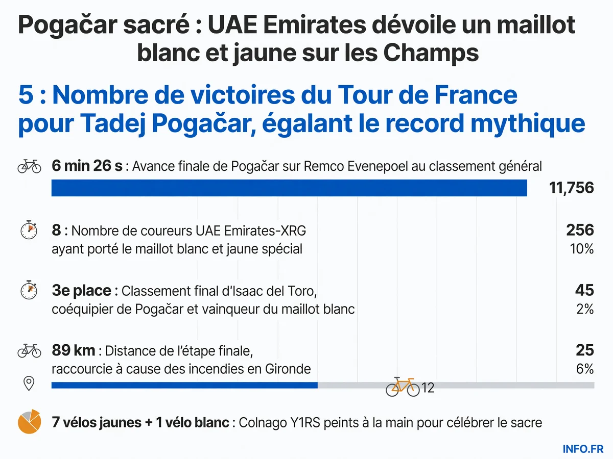 Infographie sur la 5e victoire de Tadej Pogačar au Tour de France 2026 avec le maillot spécial UAE Emirates-XRG blanc et jaune porté sur les Champs-Élysées