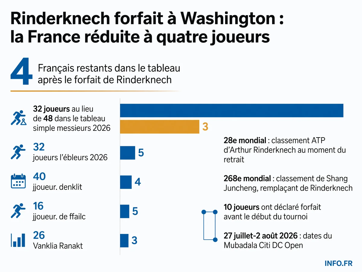 Infographie présentant les chiffres clés du forfait d'Arthur Rinderknech au tournoi ATP 500 de Washington 2026: dix forfaits totaux avant le premier service, quatre Français restants, tableau réduit à 32 joueurs.