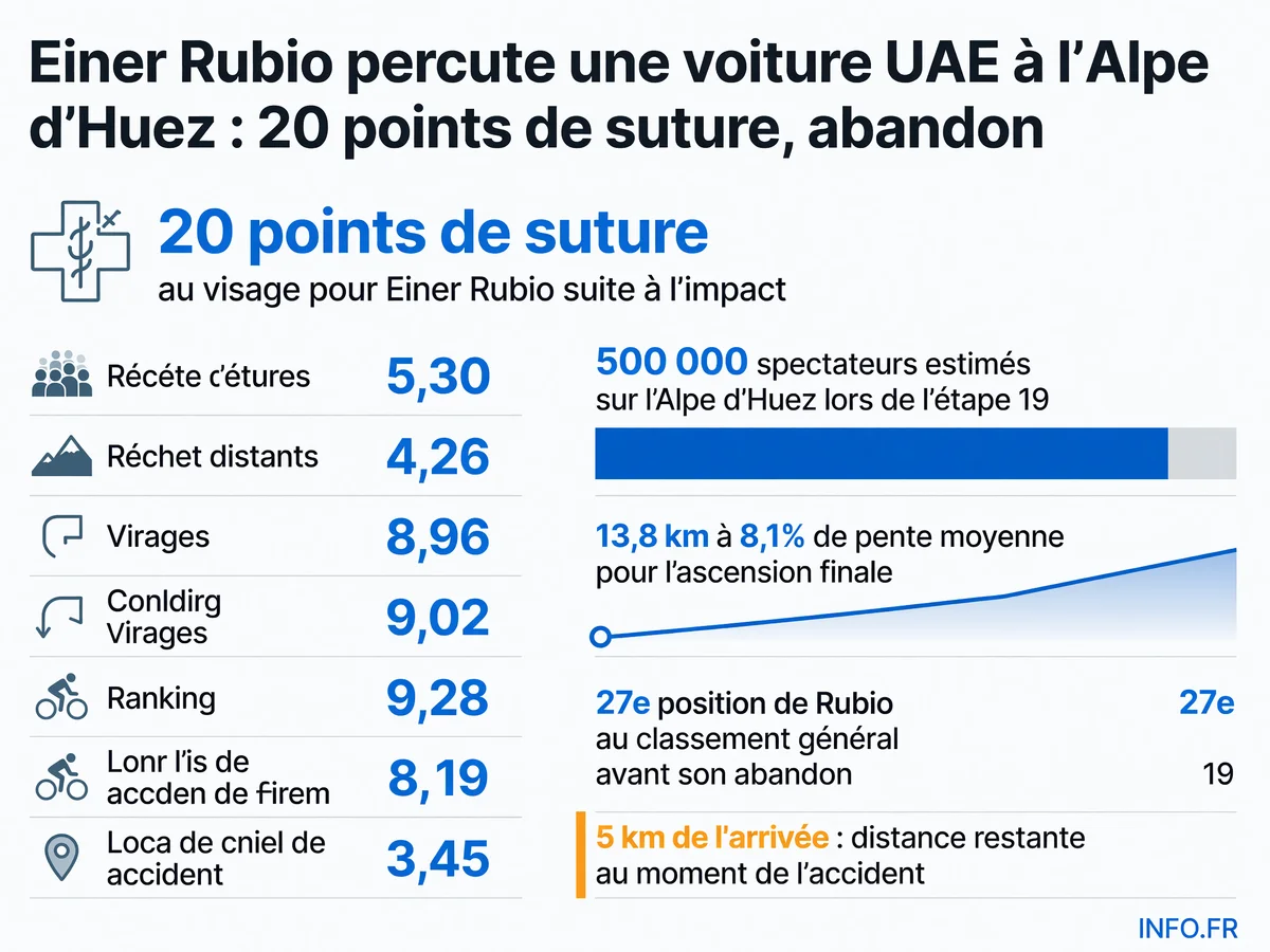 Infographie détaillant les circonstances de l'accident d'Einer Rubio lors de l'étape 19 du Tour de France 2026 à l'Alpe d'Huez: chiffres clés sur les blessures, l'affluence record et le profil de l'ascension.