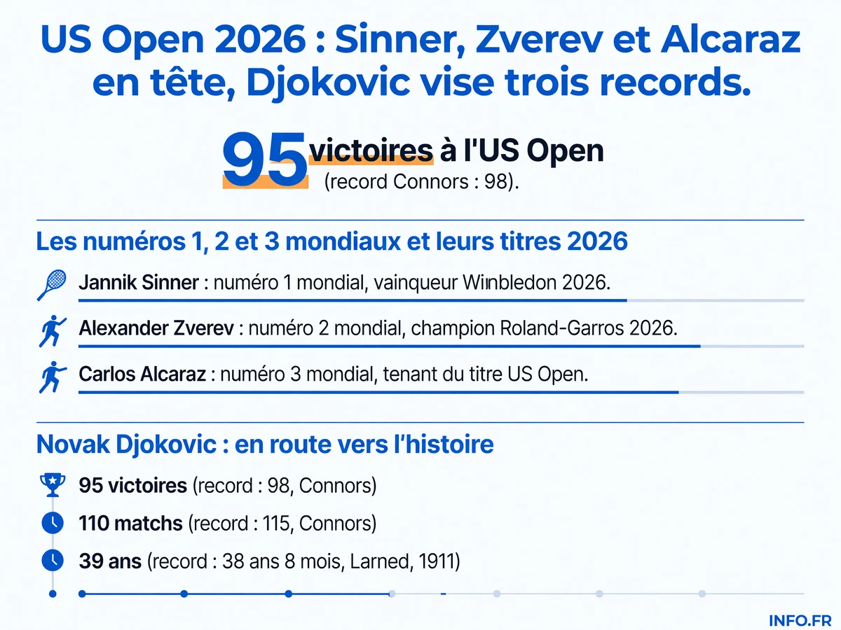 Tableau masculin US Open 2026: Sinner, Zverev et Alcaraz en tête de série; Djokovic vise trois records de Jimmy Connors à 39 ans.