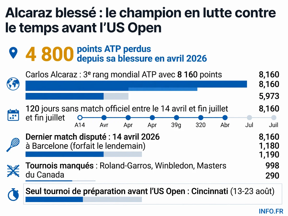 Infographie présentant les statistiques de l'absence de Carlos Alcaraz depuis sa blessure au poignet en avril 2026, incluant points ATP perdus, durée d'inactivité et tournois manqués avant l'US Open.