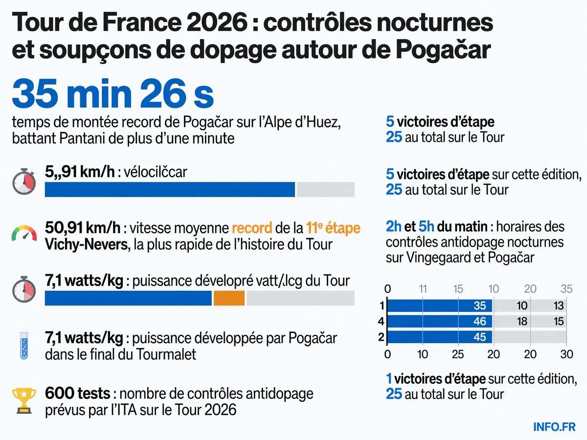 Les chiffres-clés de la polémique dopage sur le Tour de France 2026: records de vitesse, contrôles nocturnes et performances exceptionnelles de Tadej Pogačar