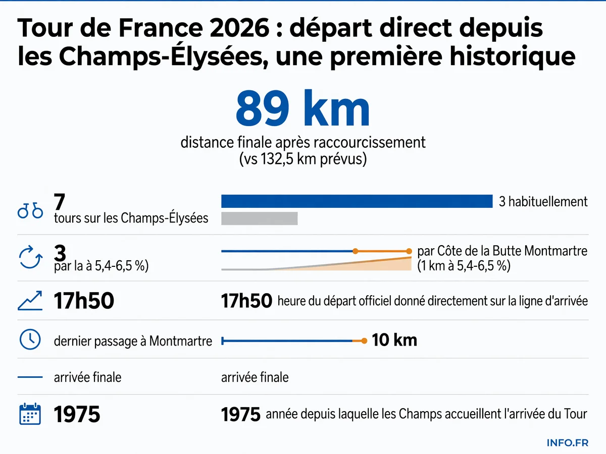 Parcours de la dernière étape du Tour de France 2026 avec départ direct depuis les Champs-Élysées, sept tours sur l'avenue et triple passage par Montmartre avant l'arrivée finale