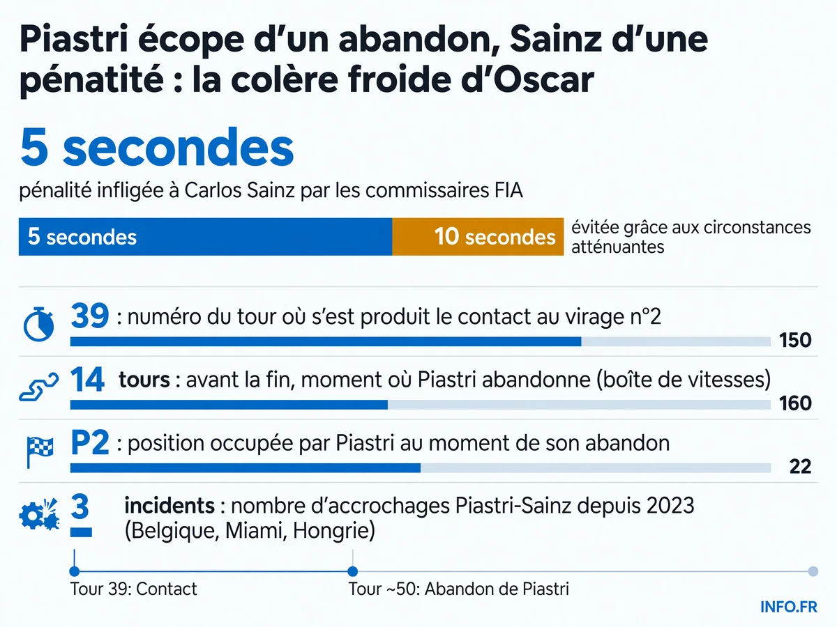 Chronologie et chiffres clés de l'incident Piastri-Sainz au Grand Prix de Hongrie 2026: contact au tour 39, pénalité 5 secondes, abandon 14 tours avant la fin