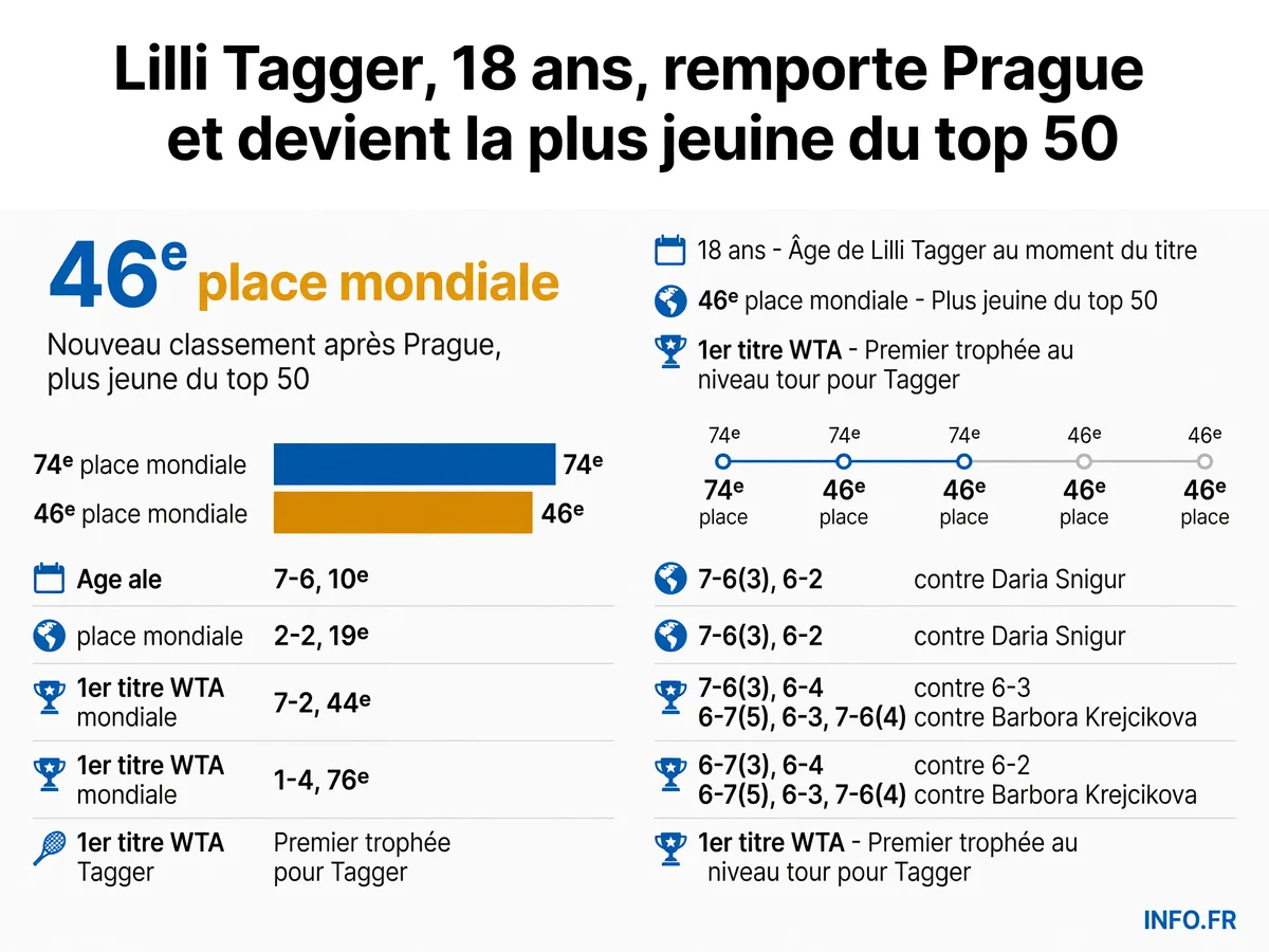 Parcours victorieux de Lilli Tagger au WTA 250 de Prague en juillet 2026, de la 74e à la 46e place mondiale à 18 ans.