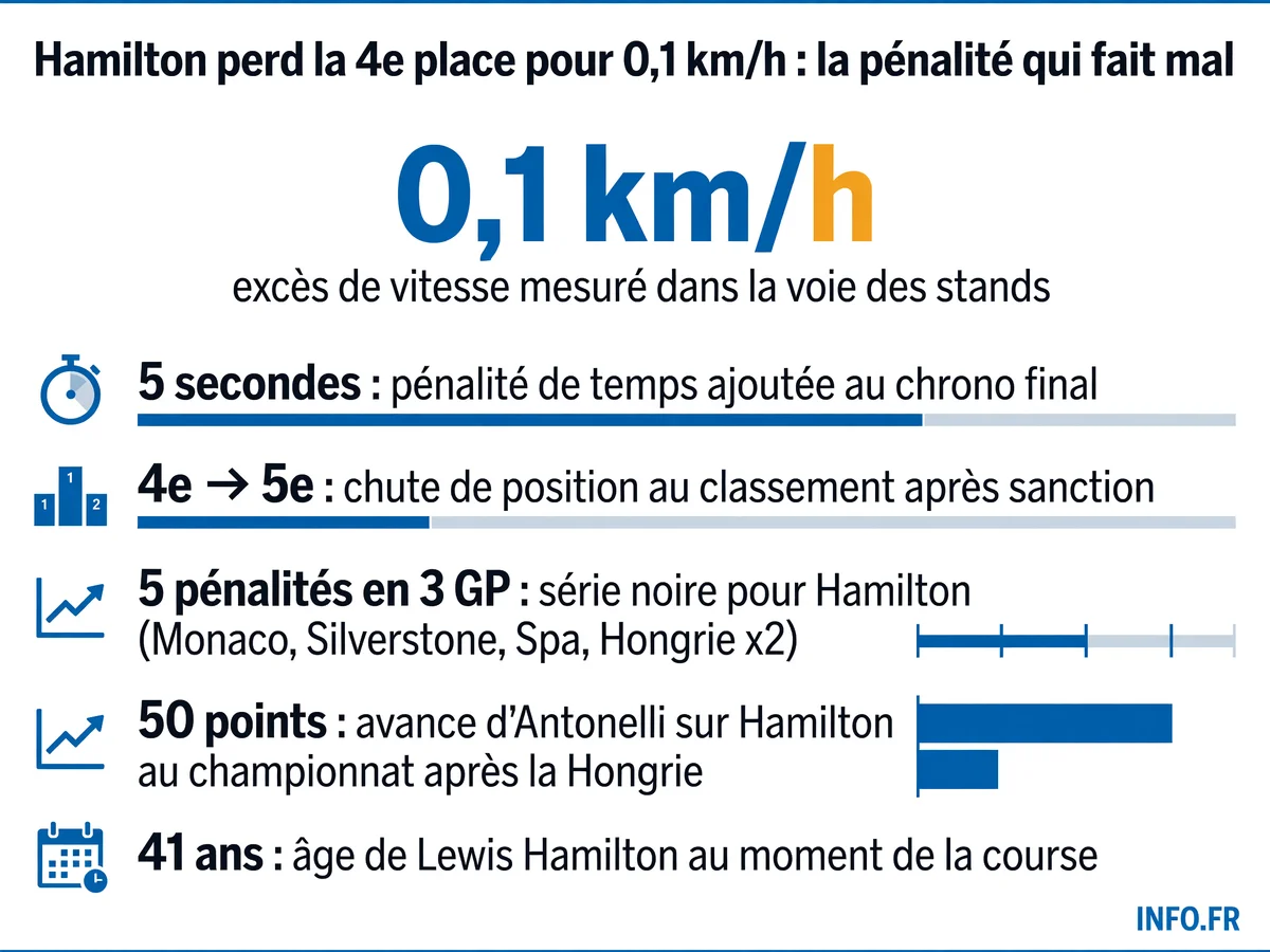Infographie détaillant la pénalité de Lewis Hamilton au GP de Hongrie 2026: excès de 0,1 km/h, sanction de 5 secondes, rétrogradation de la 4e à la 5e place, et impact sur le championnat face à Antonelli