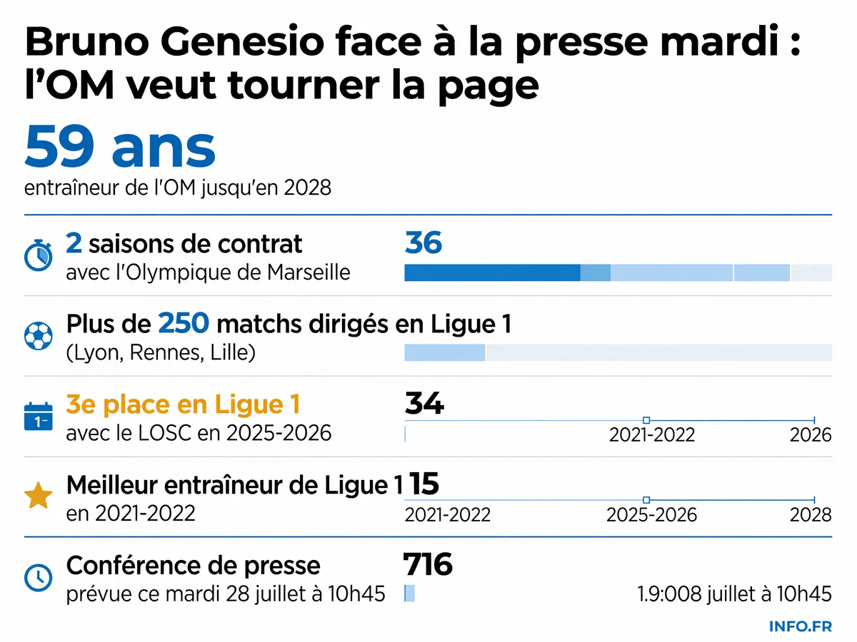 Les chiffres clés de Bruno Genesio, nouvel entraîneur de l'Olympique de Marseille, avant sa conférence de presse du 28 juillet 2026.