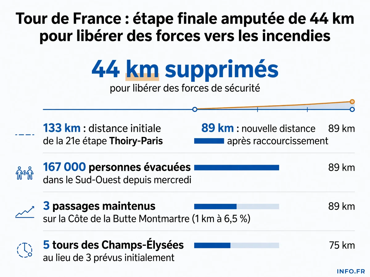 Modification du parcours de la dernière étape du Tour de France 2026 avec distances avant et après raccourcissement et nombre de personnes évacuées dans le Sud-Ouest.