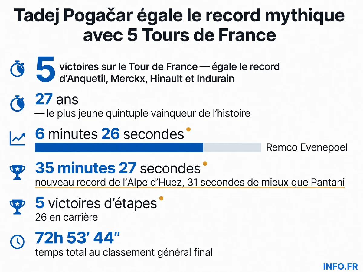 Tadej Pogačar égale le record historique des cinq Tours de France à 27 ans, devenant le plus jeune quintuple vainqueur devant Anquetil, Merckx, Hinault et Indurain.