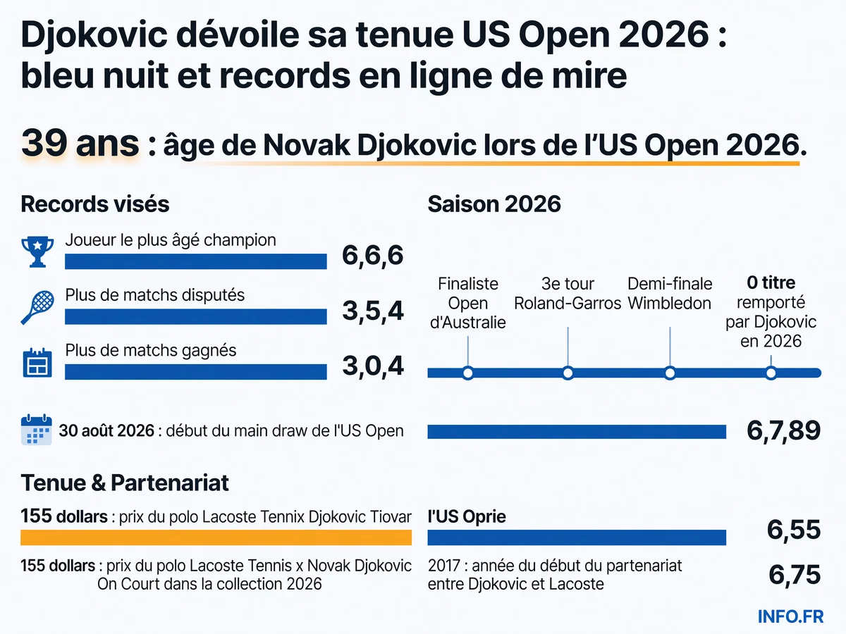 Infographie présentant les chiffres clés de la tenue US Open 2026 de Novak Djokovic et ses objectifs de records à 39 ans.