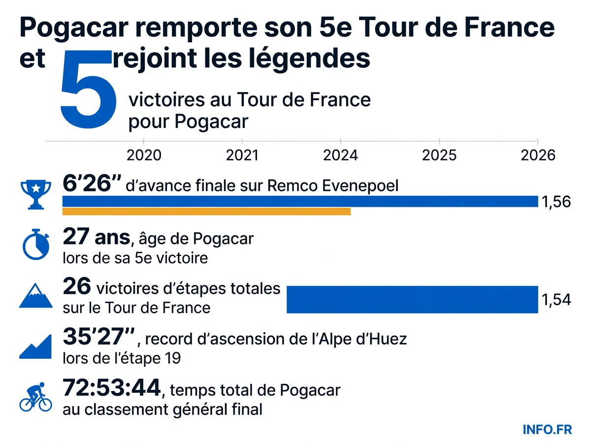 Tadej Pogacar remporte son 5e Tour de France avec 6'26'' d'avance et rejoint les légendes Anquetil, Merckx, Hinault et Indurain.