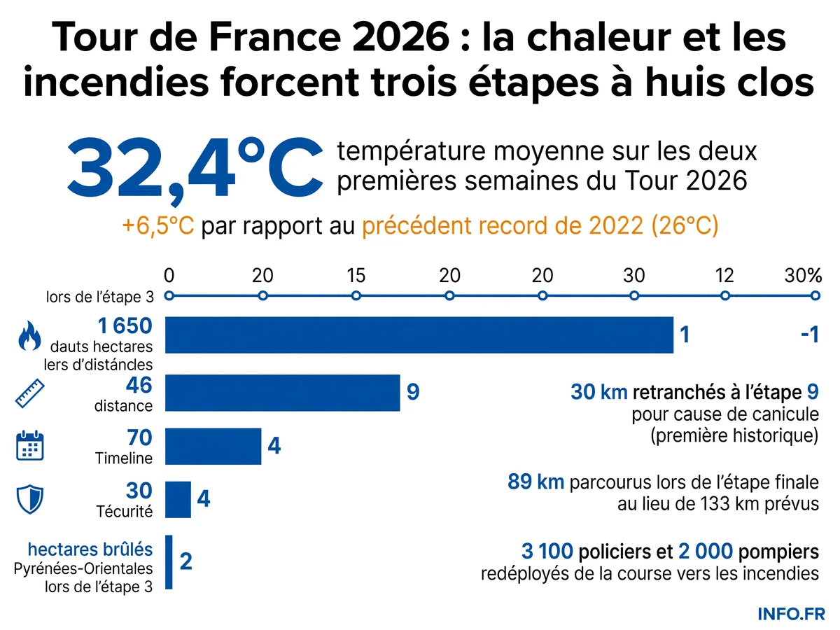 Infographie montrant les modifications d'étapes du Tour de France 2026 dues à la chaleur et aux incendies: températures record, distances raccourcies et redéploiement des forces de sécurité.