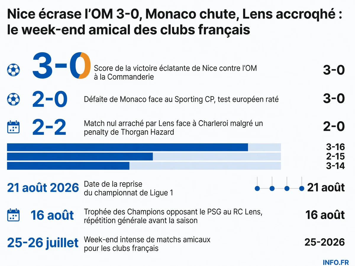 Résultats des matchs amicaux de préparation des clubs de Ligue 1 du week-end des 25-26 juillet 2025: Nice écrase l'OM 3-0 en 48 minutes, Monaco chute 2-0 contre le Sporting CP, Lens arrache le nul 2-2 face à Charleroi.