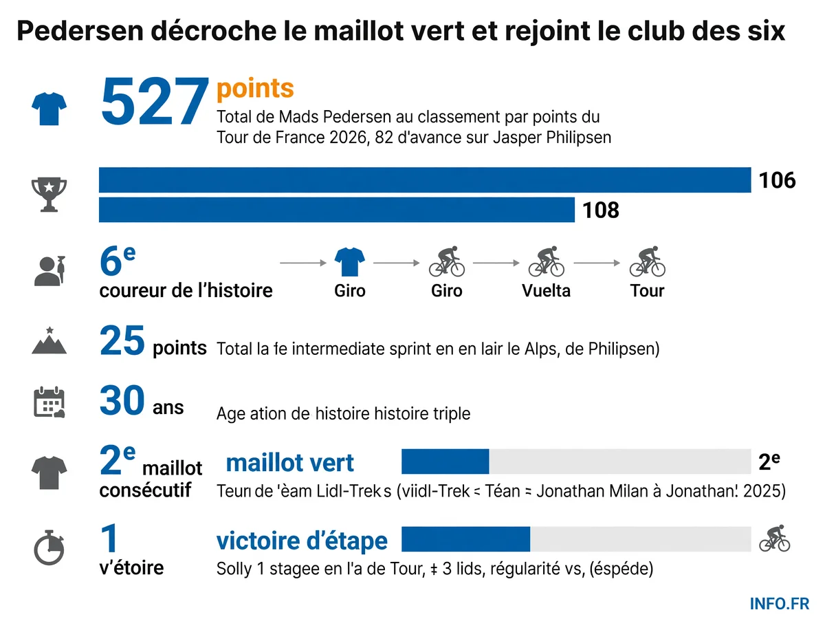 Mads Pedersen remporte le maillot vert du Tour de France 2026 avec 527 points, devenant le sixième coureur de l'histoire à gagner le classement par points sur les trois Grands Tours
