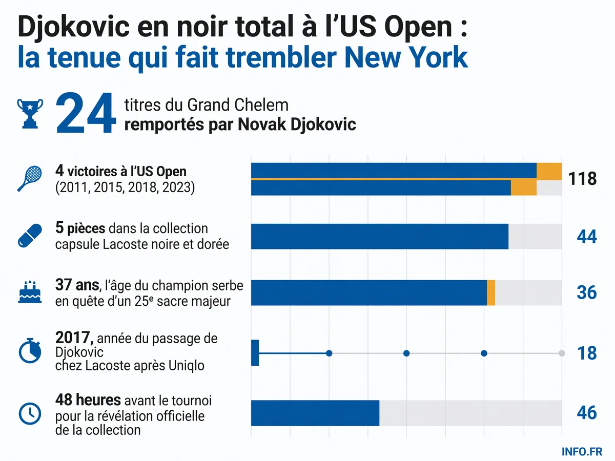 Novak Djokovic en tenue noire intégrale Lacoste avec logo GOAT pour l'US Open, polo ultra-léger et chaussures Asics assorties