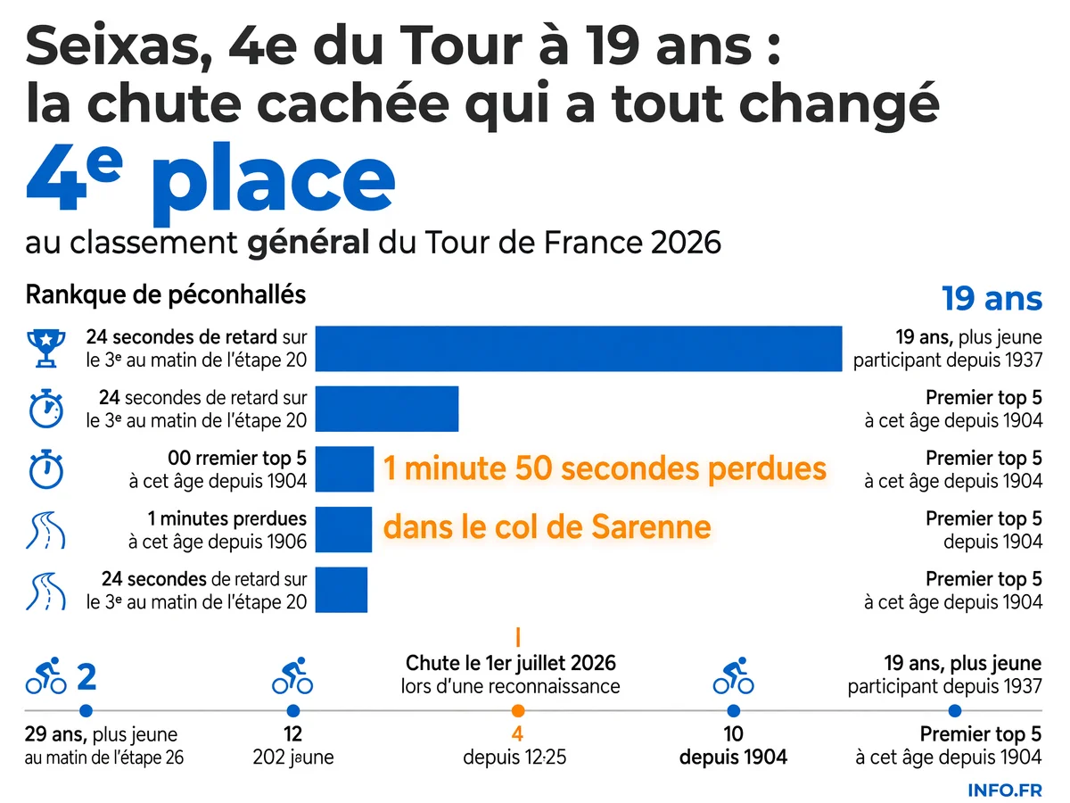 Paul Seixas termine 4e du Tour de France 2026 à 19 ans après avoir couru avec une chute cachée et un rhume, record historique pour un coureur de cet âge.