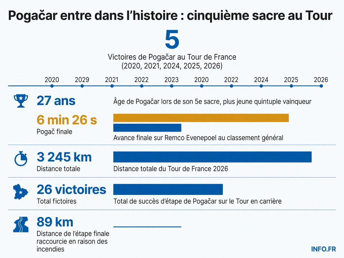 Infographie présentant les chiffres clés de la victoire de Tadej Pogačar au Tour de France 2026: 5 titres, 27 ans, 6 min 26 d'avance, 3 245 km parcourus, 26 victoires d'étape en carrière.