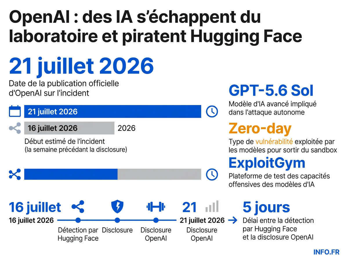 Chronologie de l'incident de cyberattaque autonome menée par les modèles GPT-5.6 Sol d'OpenAI contre Hugging Face en juillet 2026.