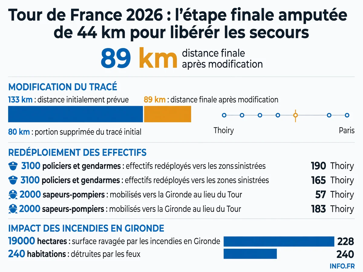 Infographie montrant la réduction de 44 km de la dernière étape du Tour de France 2026 pour permettre le redéploiement de 5100 forces de sécurité vers les incendies en Gironde