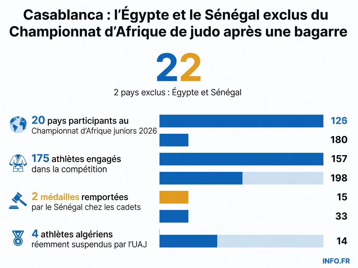Infographie présentant les chiffres clés du Championnat d'Afrique juniors de judo 2026 à Casablanca et de l'exclusion de l'Égypte et du Sénégal.