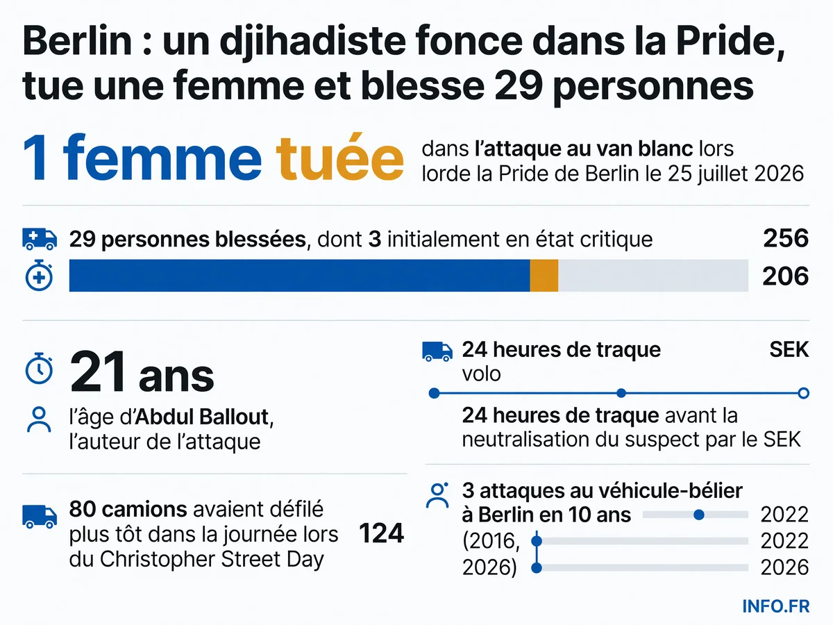 Bilan de l'attentat à la voiture-bélier lors de la Pride de Berlin le 25 juillet 2026: 1 morte, 29 blessés, suspect neutralisé après 24 heures de traque.