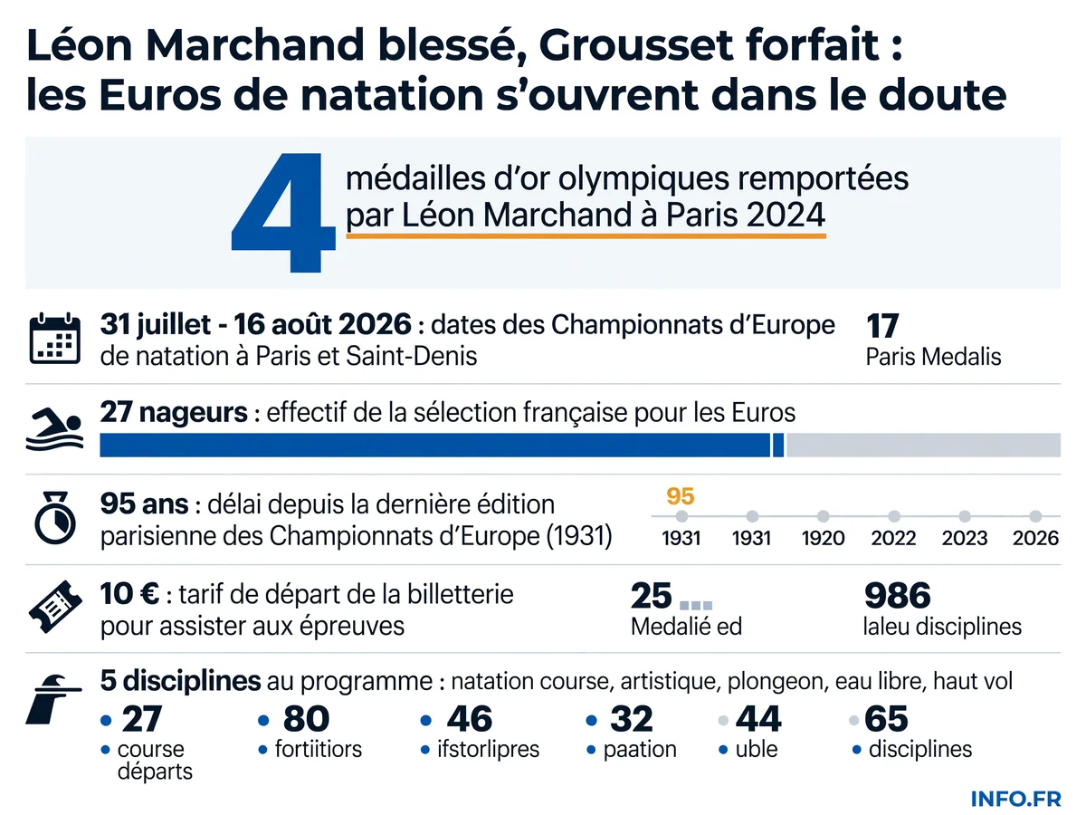 Données clés des Championnats d'Europe de natation Paris 2026: dates, effectif français, palmarès de Léon Marchand et historique de l'événement.