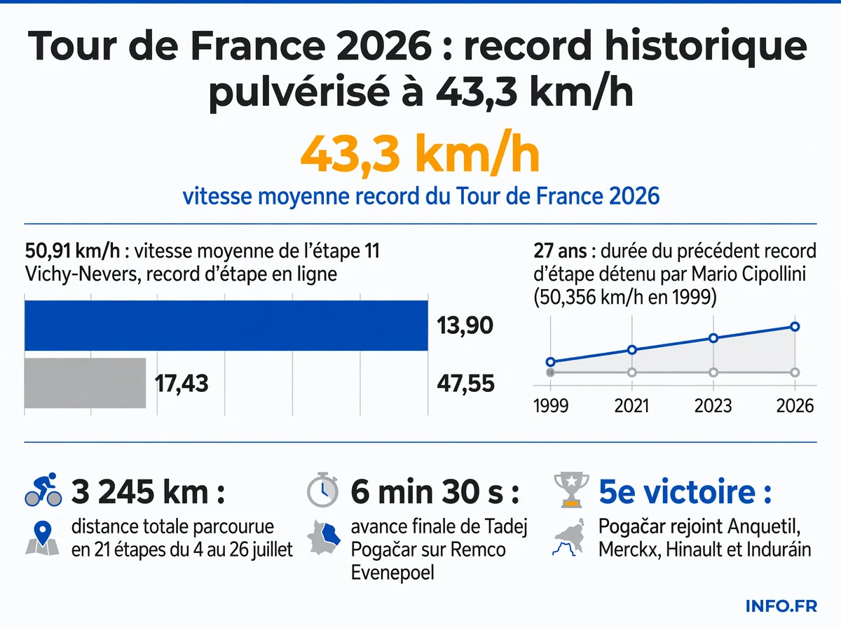Infographie montrant les records de vitesse du Tour de France 2026: moyenne générale de 43,3 km/h et record d'étape à 50,91 km/h