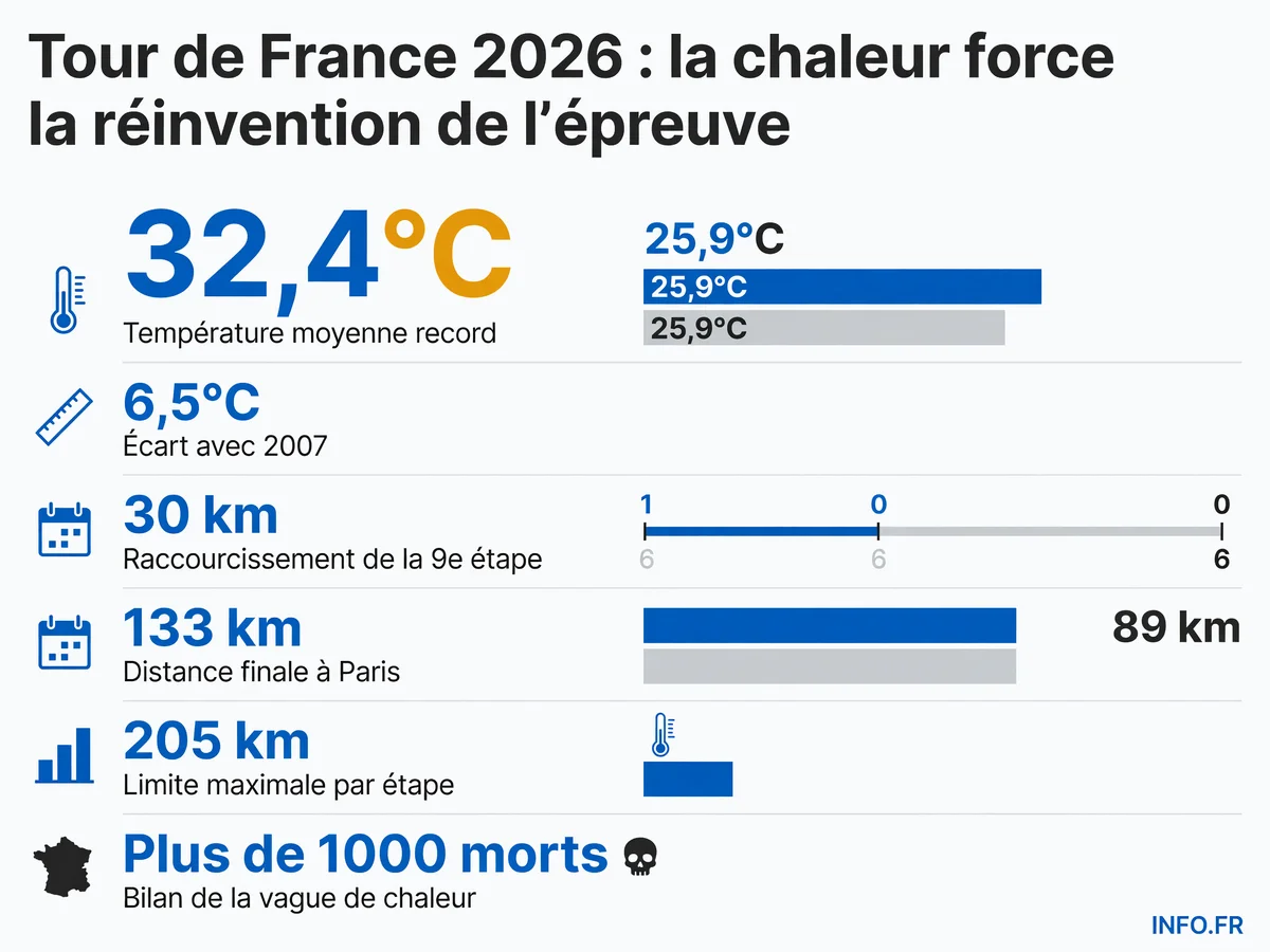 Températures record et raccourcissements d'étapes lors du Tour de France 2026, première édition impactée par le protocole climatique extrême de l'UCI