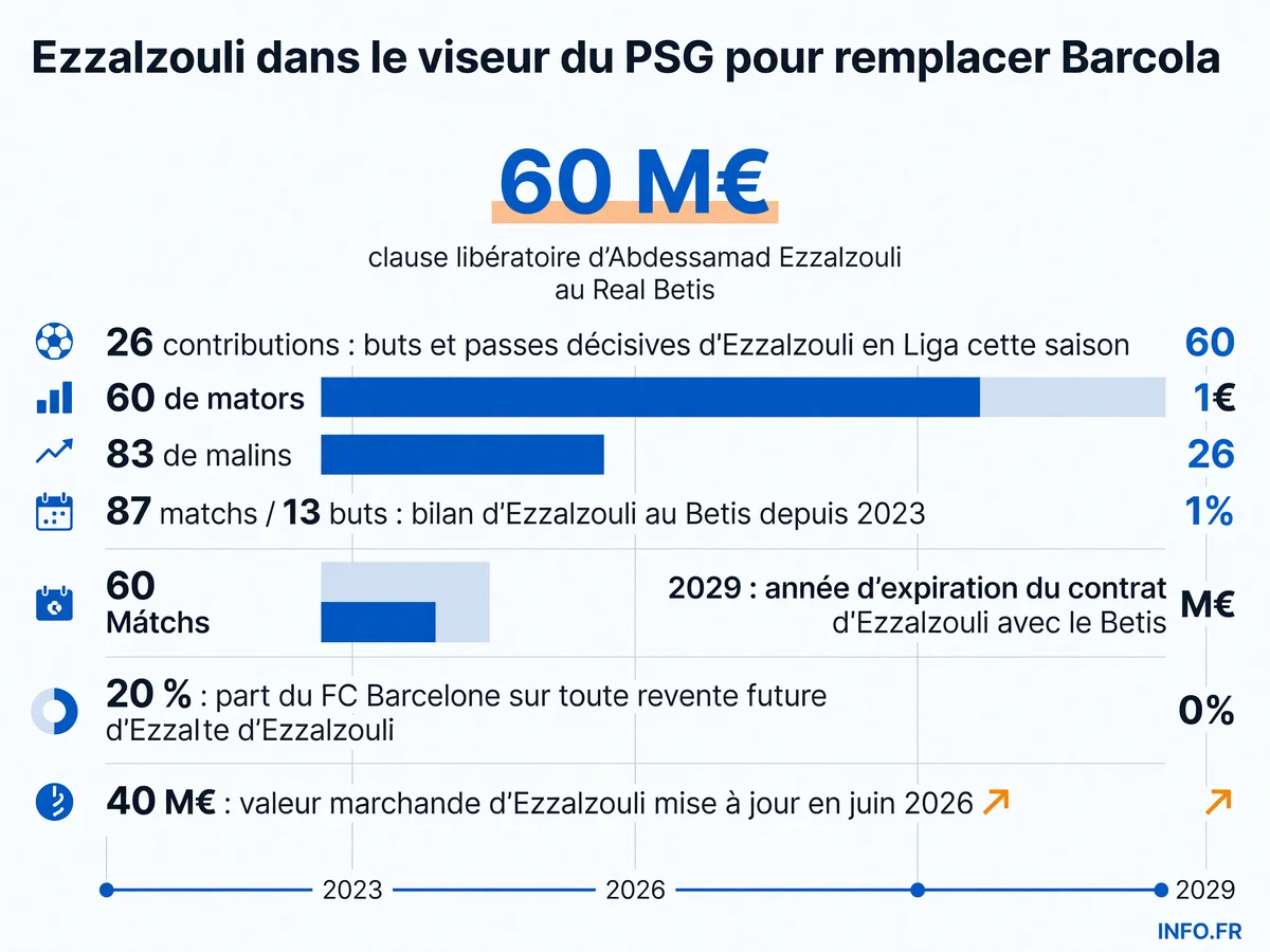 Les chiffres clés du dossier Abdessamad Ezzalzouli, ailier marocain du Real Betis suivi par le PSG pour remplacer Bradley Barcola