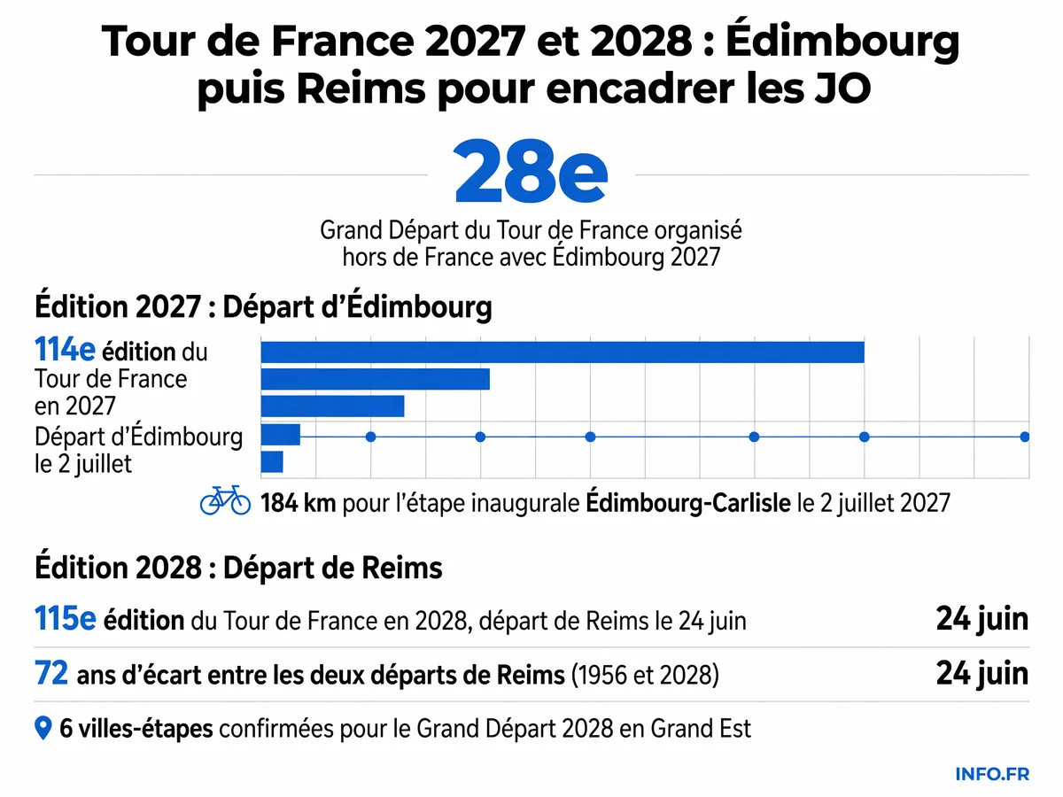 Carte des Grands Départs du Tour de France 2027 (Édimbourg, Royaume-Uni) et 2028 (Reims, France) avec les dates et distances clés