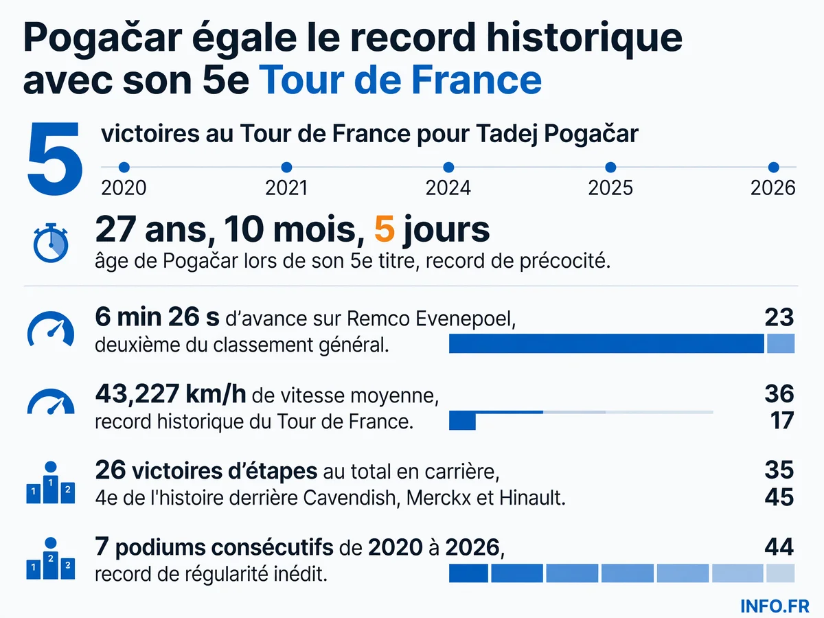 Les chiffres de la domination de Tadej Pogačar sur le Tour de France 2026, son cinquième titre égalant le record historique.