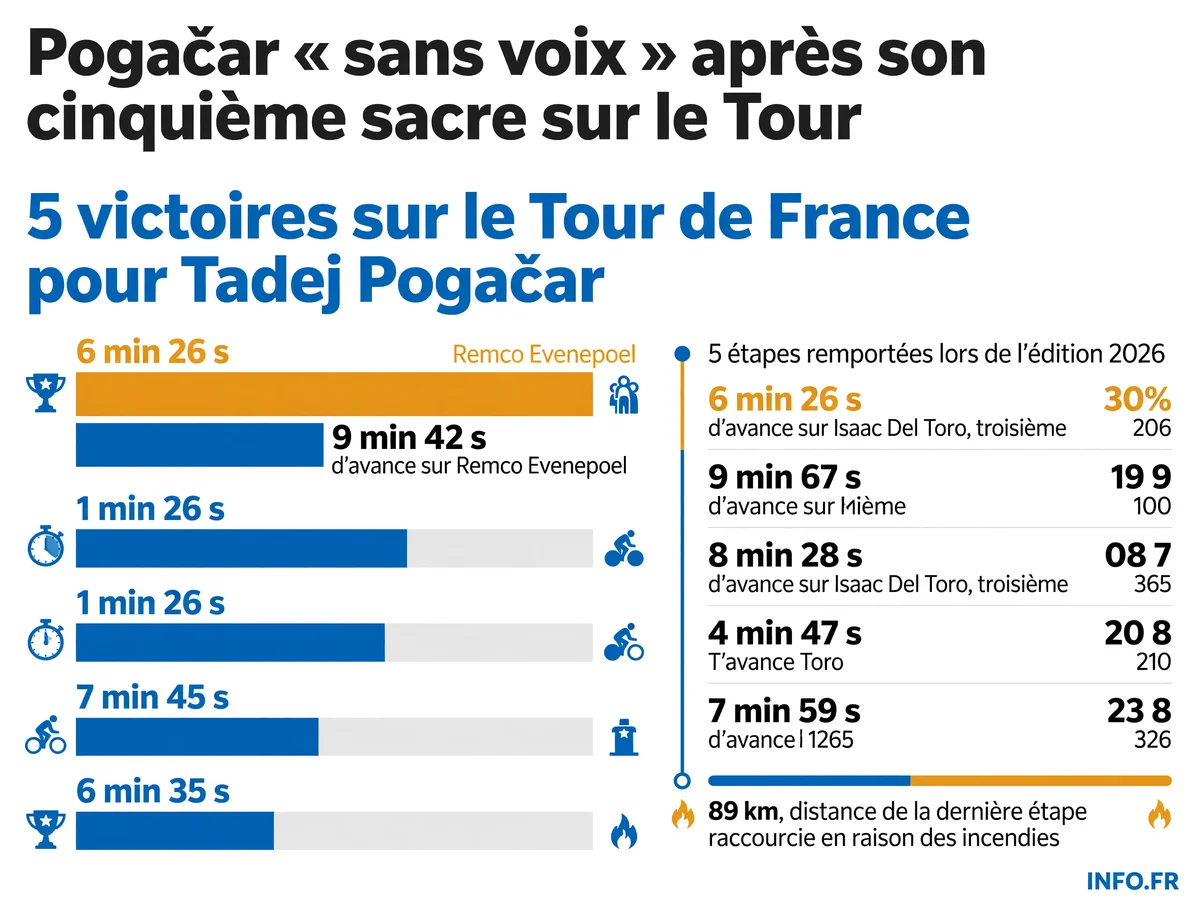 Infographie montrant les statistiques clés du cinquième sacre de Tadej Pogačar sur le Tour de France 2026: cinq victoires, 27 ans, six minutes d'avance et cinq étapes remportées.