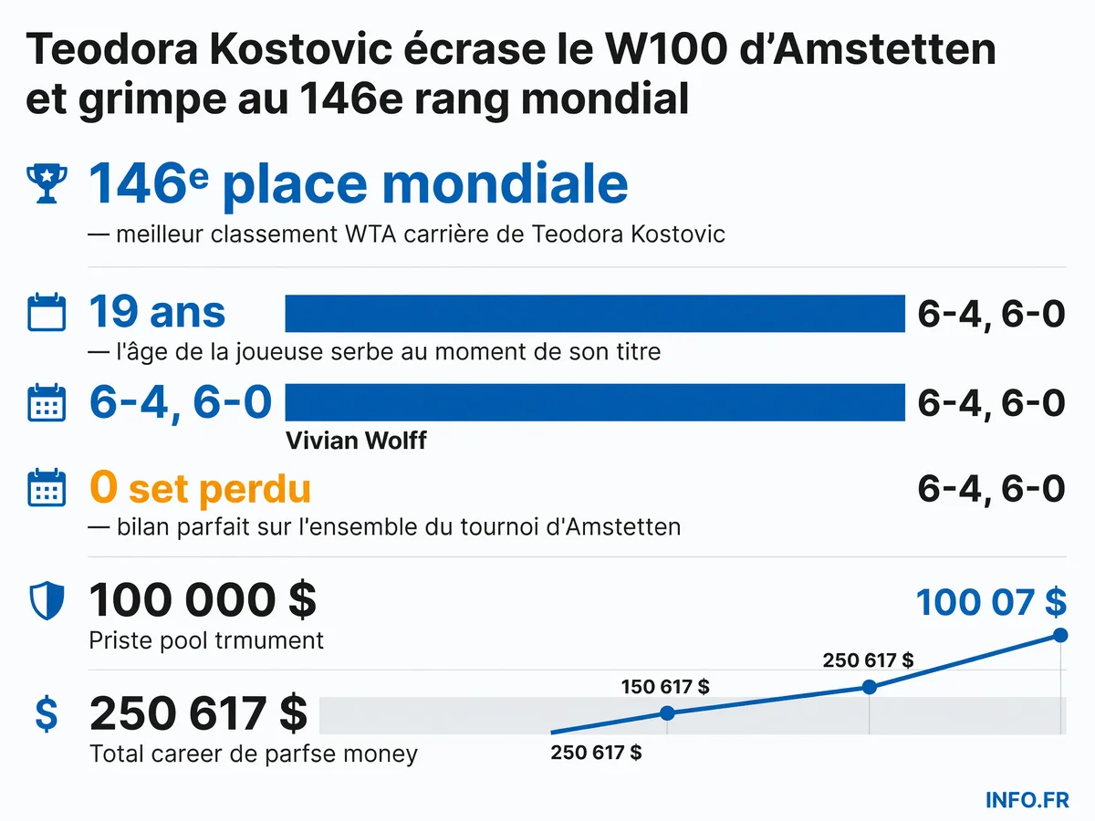 Les chiffres clés de la victoire de Teodora Kostovic au W100 d'Amstetten: 146e rang mondial, 0 set perdu, 100 000 dollars de dotation